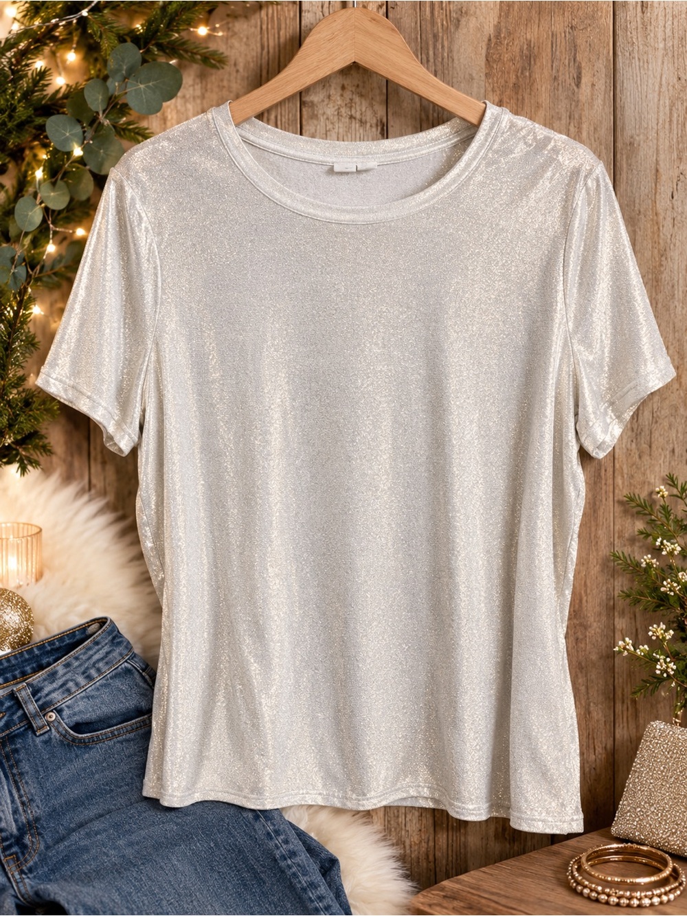GAP Shimmery Crew Neck Women’s Tee - Silvery White XL ✨
